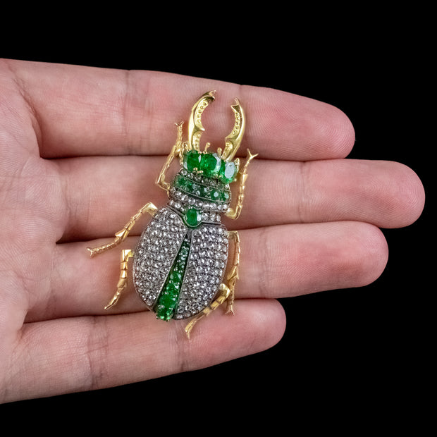 Edwardian Style Emerald Diamond Stag Beetle Brooch Pendant 18ct Gold Silver