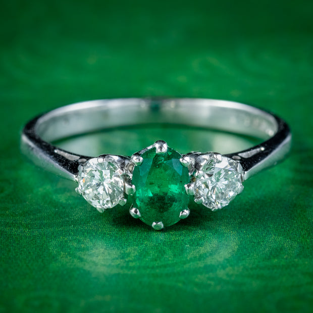 Edwardian Style Emerald Diamond Trilogy Ring 0.60ct Emerald 