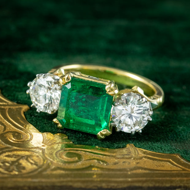 Edwardian Style Emerald Diamond Trilogy Ring 3.39ct Emerald 1.95ct Dia ...
