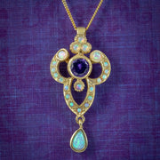 Edwardian Style Opal Amethyst Pendant Necklace Silver 18ct Gold Gilt