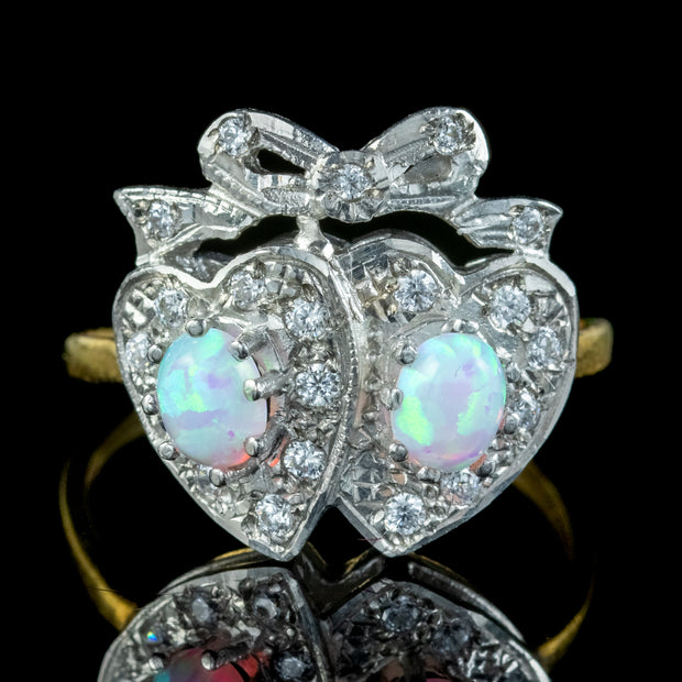 Edwardian Style Opal Cz Double Heart Ring 