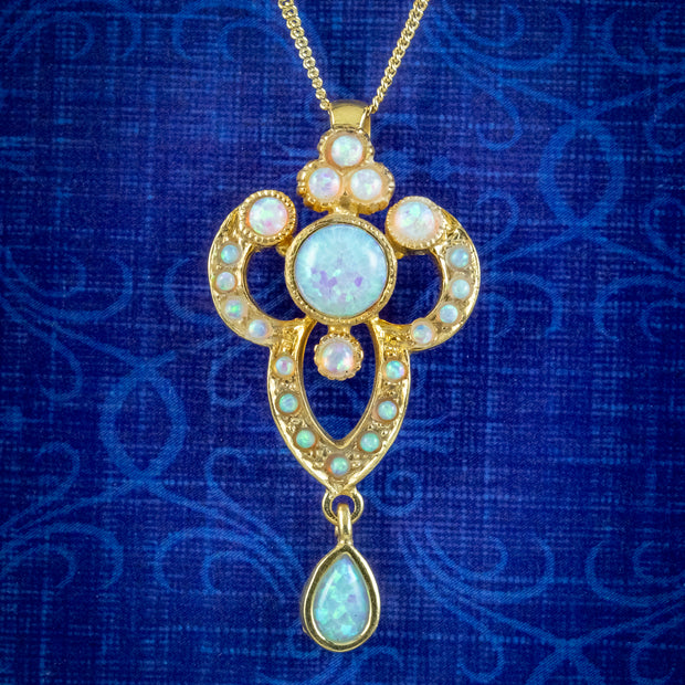 Edwardian Style Opal Pendant Necklace 18ct Gold On Sterling Silver