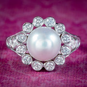 Edwardian Style Pearl Diamond Daisy Ring 1.30ct Of Diamond