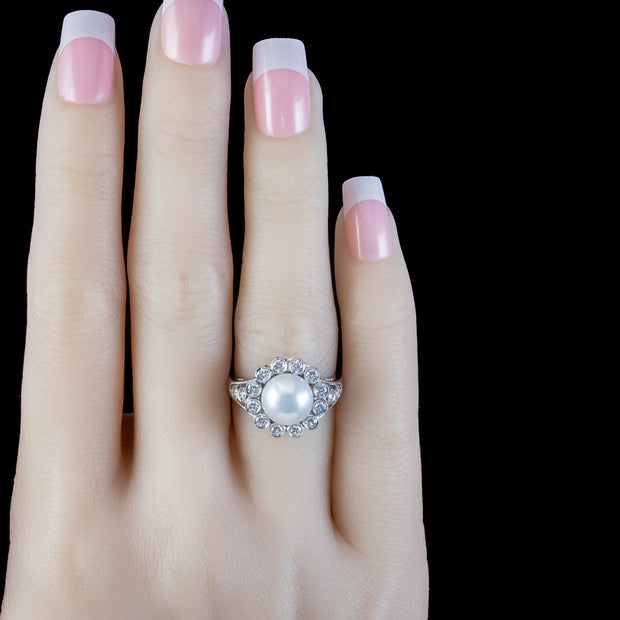 Edwardian Style Pearl Diamond Daisy Ring 1.30ct Of Diamond