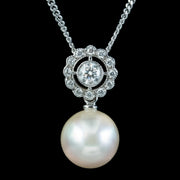 Edwardian Style Pearl Diamond Pendant Necklace 18ct Gold 