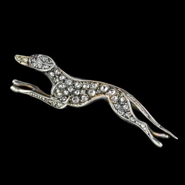 Edwardian Style Rose Cut Diamond Greyhound Brooch Silver Gold Gilt