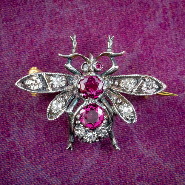 Edwardian Style Ruby Diamond Bee Brooch Silver 18ct Gold