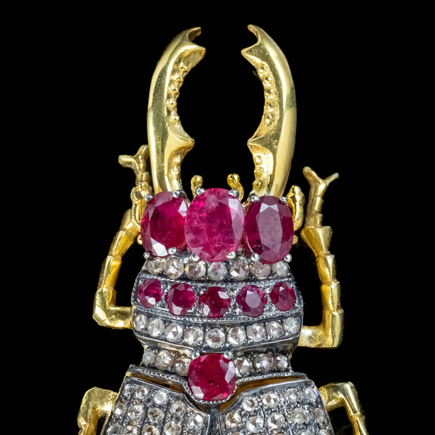 Edwardian Style Ruby Diamond Stag Beetle Brooch 2.5ct Of Ruby