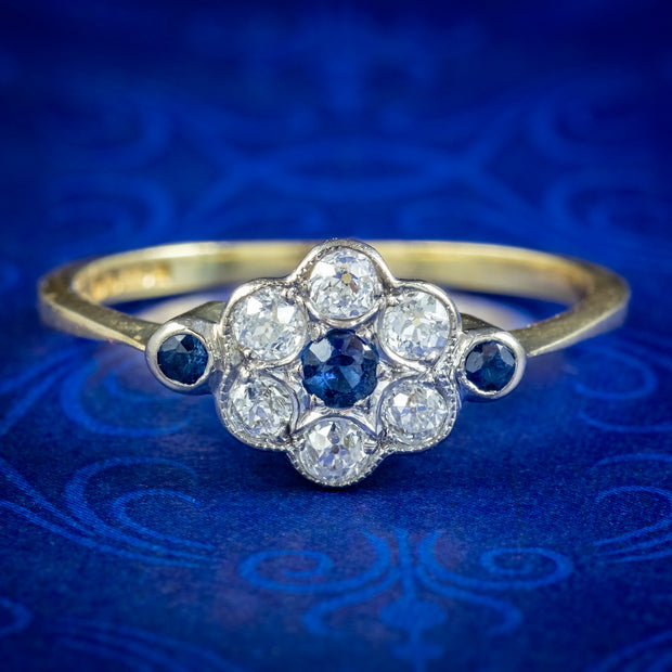 Edwardian Style Sapphire Diamond Daisy Cluster Ring 