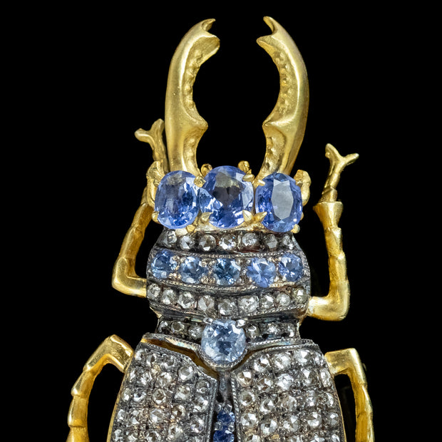 Edwardian Style Sapphire Diamond Stag Beetle Brooch 3ct Of Sapphire close
