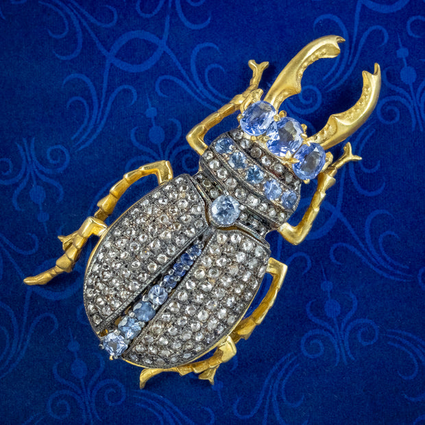 Edwardian Style Sapphire Diamond Stag Beetle Brooch 3ct Of Sapphire cover