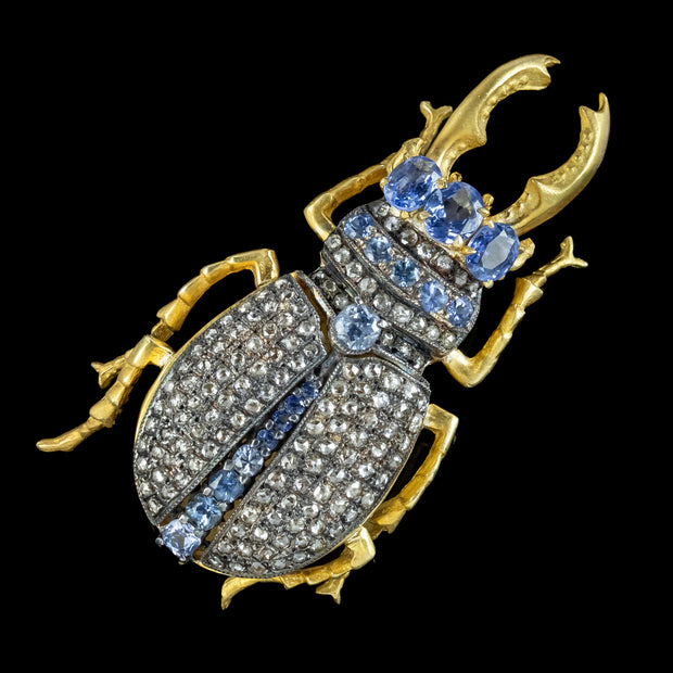 Edwardian Style Sapphire Diamond Stag Beetle Brooch 3ct Of Sapphire front