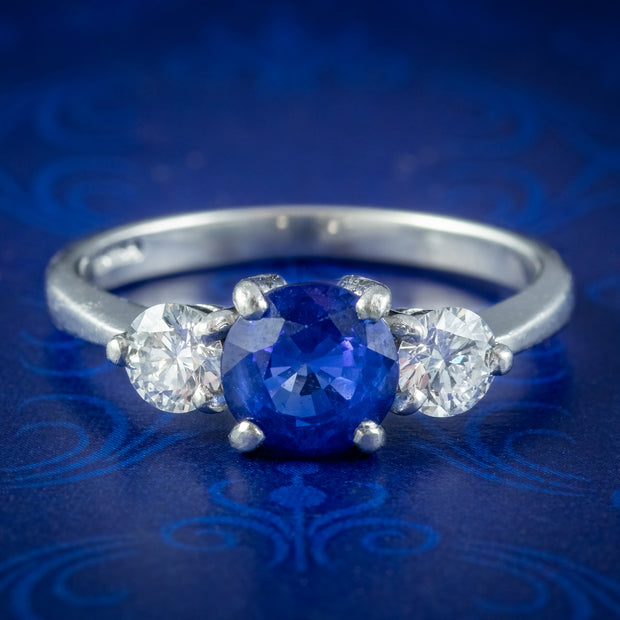 Edwardian Style Sapphire Diamond Trilogy Ring 1.5ct Sapphire 