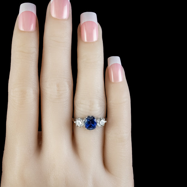 Edwardian Style Sapphire Diamond Trilogy Ring 1.75ct Sapphire