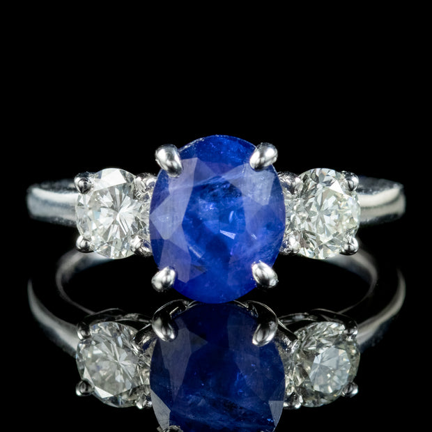 Edwardian Style Sapphire Diamond Trilogy Ring 1.80ct Sapphire