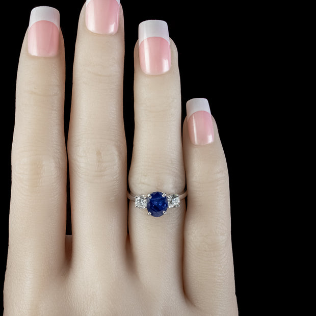 Edwardian Style Sapphire Diamond Trilogy Ring 1.80ct Sapphire