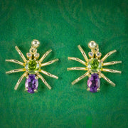 Edwardian Style Suffragette Spider Stud Earrings Amethyst Peridot Diamond