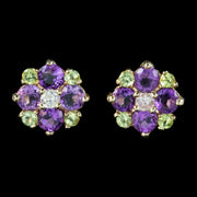 Edwardian Style Suffragette Stud Earrings Amethyst Peridot Diamond