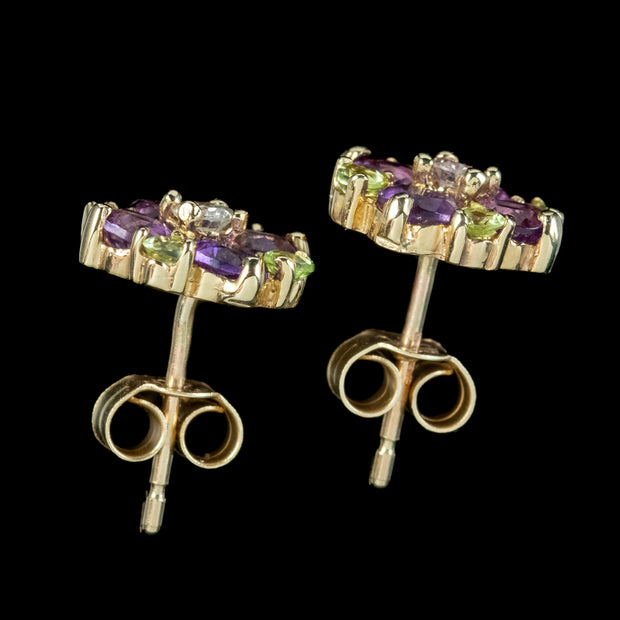 Edwardian Style Suffragette Stud Earrings Amethyst Peridot Diamond