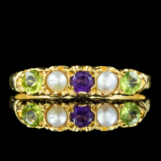 Edwardian Suffragette Style Carved Half Hoop Ring Amethyst Peridot Pearl