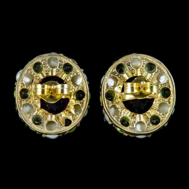 Edwardian Suffragette Style Cluster Earrings Amethyst Peridot Pearl 