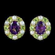 Edwardian Suffragette Style Cluster Earrings Amethyst Peridot Pearl 