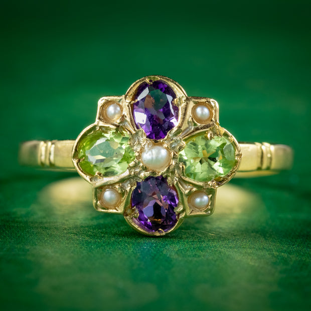 Edwardian Suffragette Style Cluster Ring Pearl Peridot Amethyst