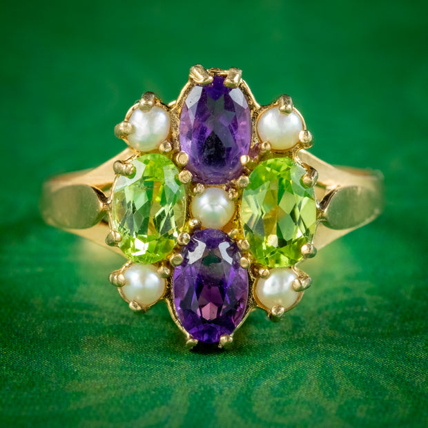 Edwardian Suffragette Style Cluster Ring Peridot Amethyst Pearl 