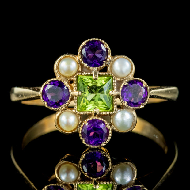 Edwardian Suffragette Style Cluster Ring Peridot Amethyst Pearl