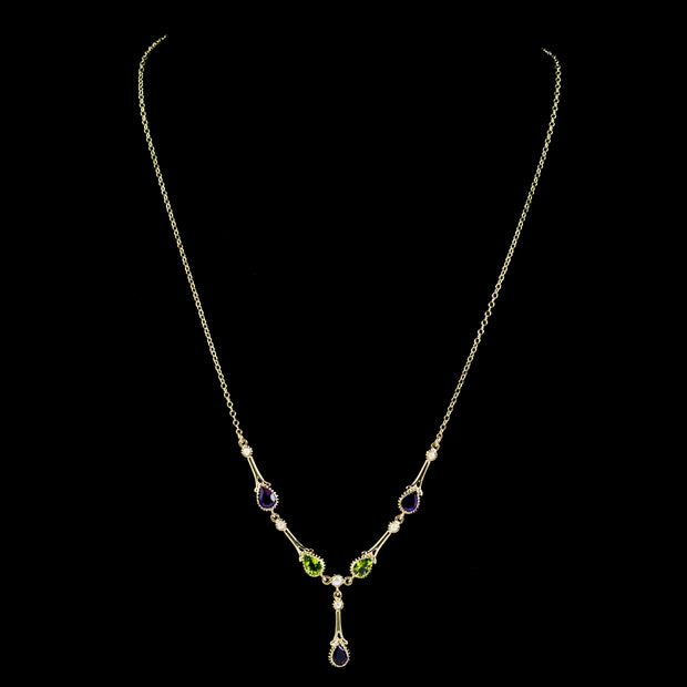 Edwardian Suffragette Style Lavaliere Necklace Amethyst Peridot Pearl 9ct Gold
