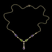 Edwardian Suffragette Style Lavaliere Necklace Amethyst Peridot Pearl 9ct Gold