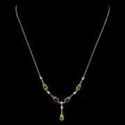 Edwardian Suffragette Style Lavaliere Necklace Amethyst Peridot Pearl 9ct Gold