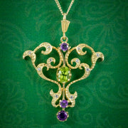 Edwardian Suffragette Style Pendant Necklace Amethyst Peridot Diamond