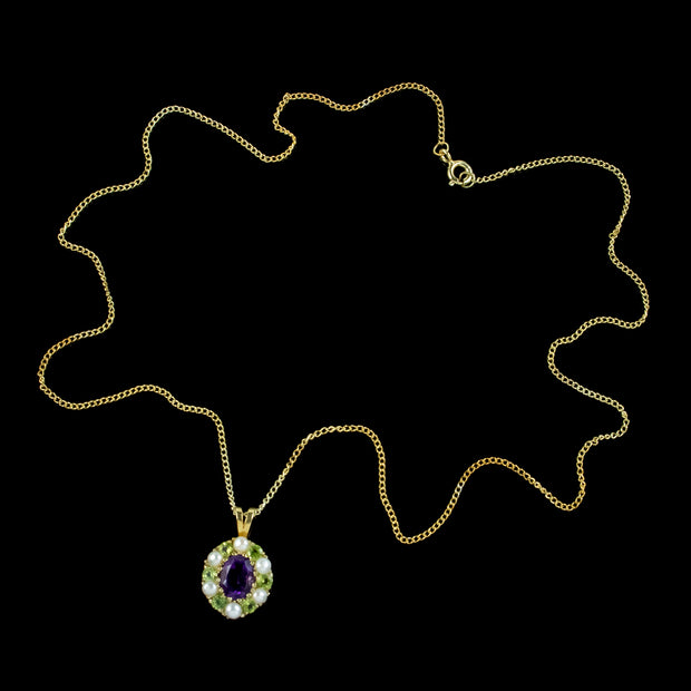 Edwardian Suffragette Style Pendant Necklace Amethyst Peridot Pearl