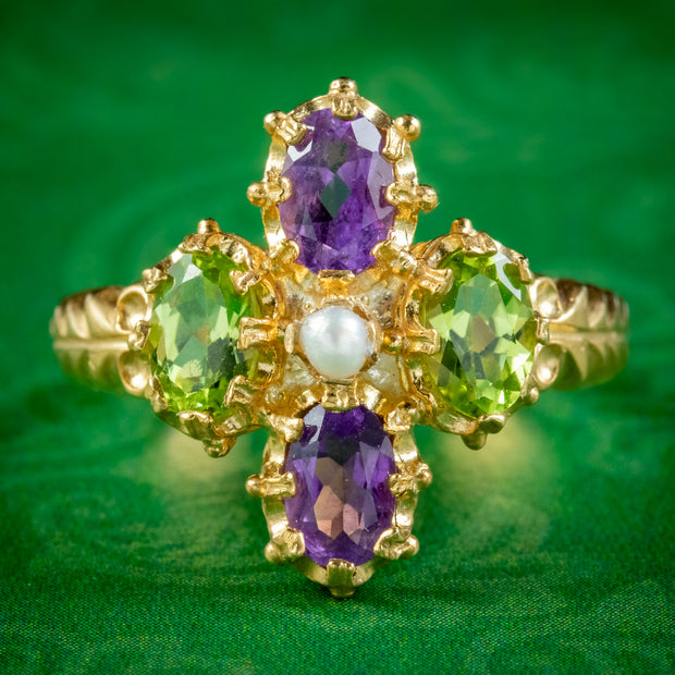 Edwardian Suffragette Style Ring Amethyst Peridot Pearl 