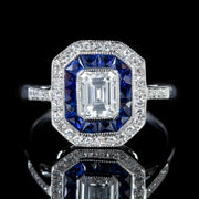 Emerald Cut Diamond Sapphire Cluster Ring 18Ct White Gold