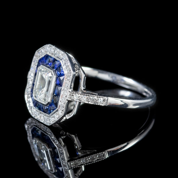 Emerald Cut Diamond Sapphire Cluster Ring 18Ct White Gold