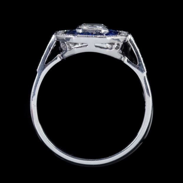 Art Deco Style Sapphire Diamond Cluster Ring 18Ct White Gold