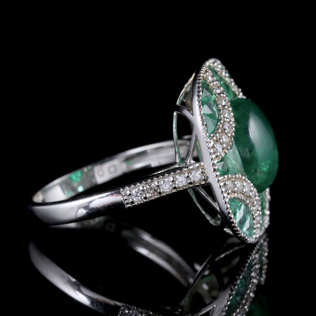 Emerald Diamond Cluster Ring 18Ct White Gold