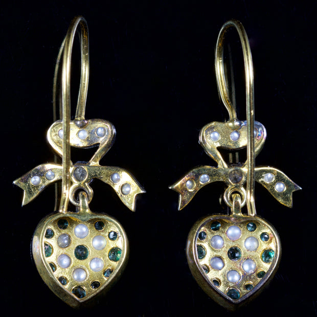 Emerald Pearl Diamond Heart Earrings 18Ct Gold Silver