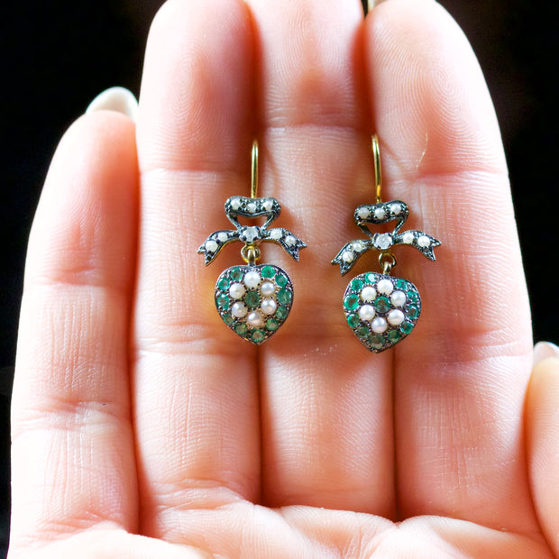 Emerald Pearl Diamond Heart Earrings 18Ct Gold Silver
