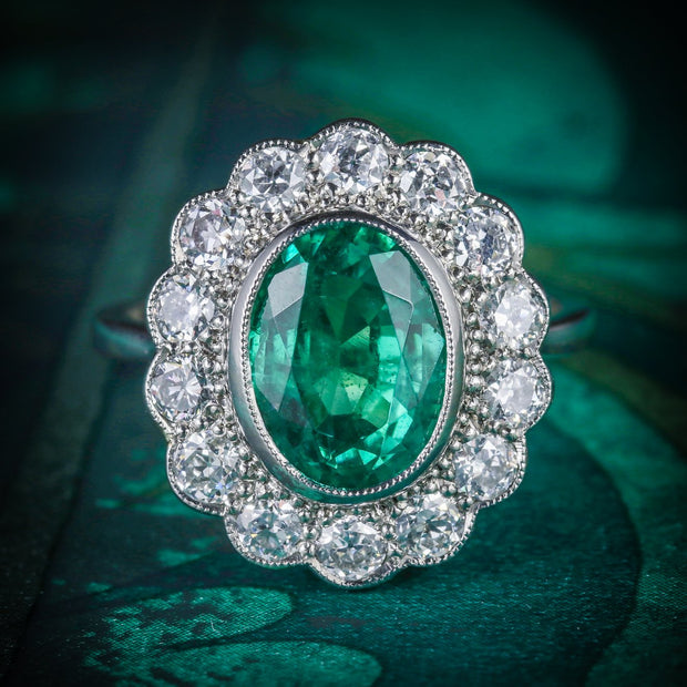 Edwardian Style Emerald Diamond Cluster Ring 3.50ct Emerald