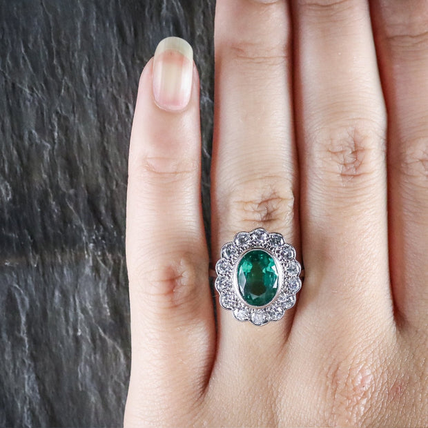 Edwardian Style Emerald Diamond Cluster Ring 3.50ct Emerald