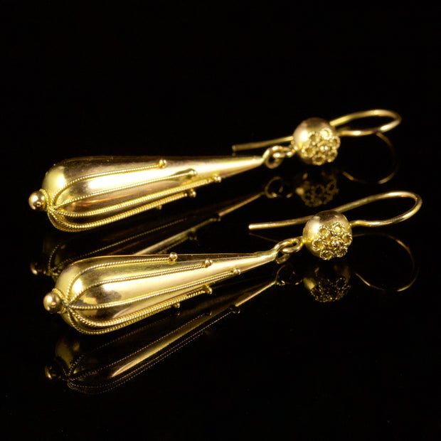 Etruscan Long Drop Earrings 15Ct Yellow Gold