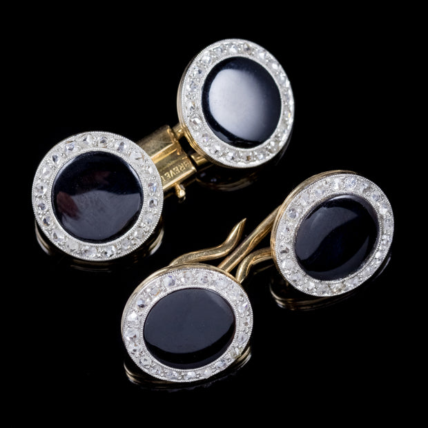 French Art Deco Onyx Diamond Double Cufflinks 18Ct Gold Brevette Circa 1930