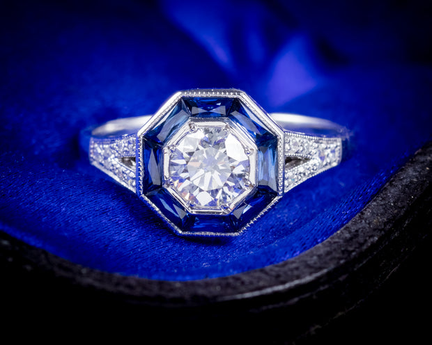 French Cut Sapphire Diamond Ring 18Ct White Gold