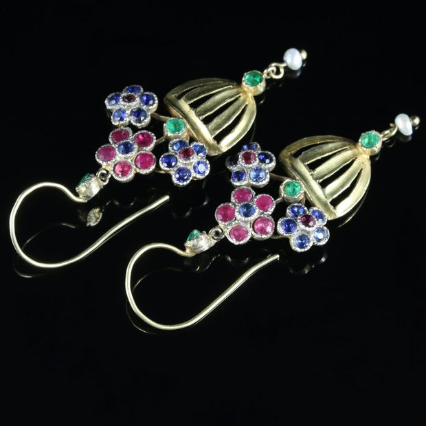 Flower Basket Earrings Ruby Sapphire Emerald Pearl 15Ct Gold