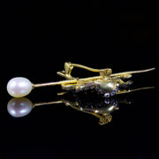 Frog Banjo Diamond Pearl Brooch 9Ct Gold Silver