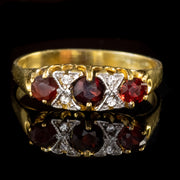 Victorian Style Garnet Paste Trilogy Ring 18Ct Gold Silver