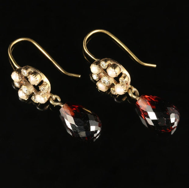 Garnet Diamond Pearl Earrings 18Ct Yellow Gold